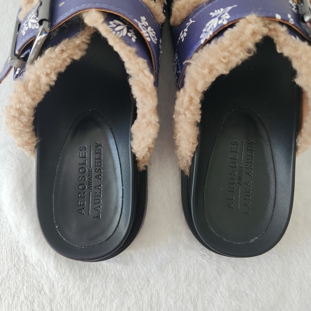 Aerosoles Laura Ashley Olivia Slides Floral Shearling Fur‎ Platform Sandals 7.5 - Picture 6 of 12